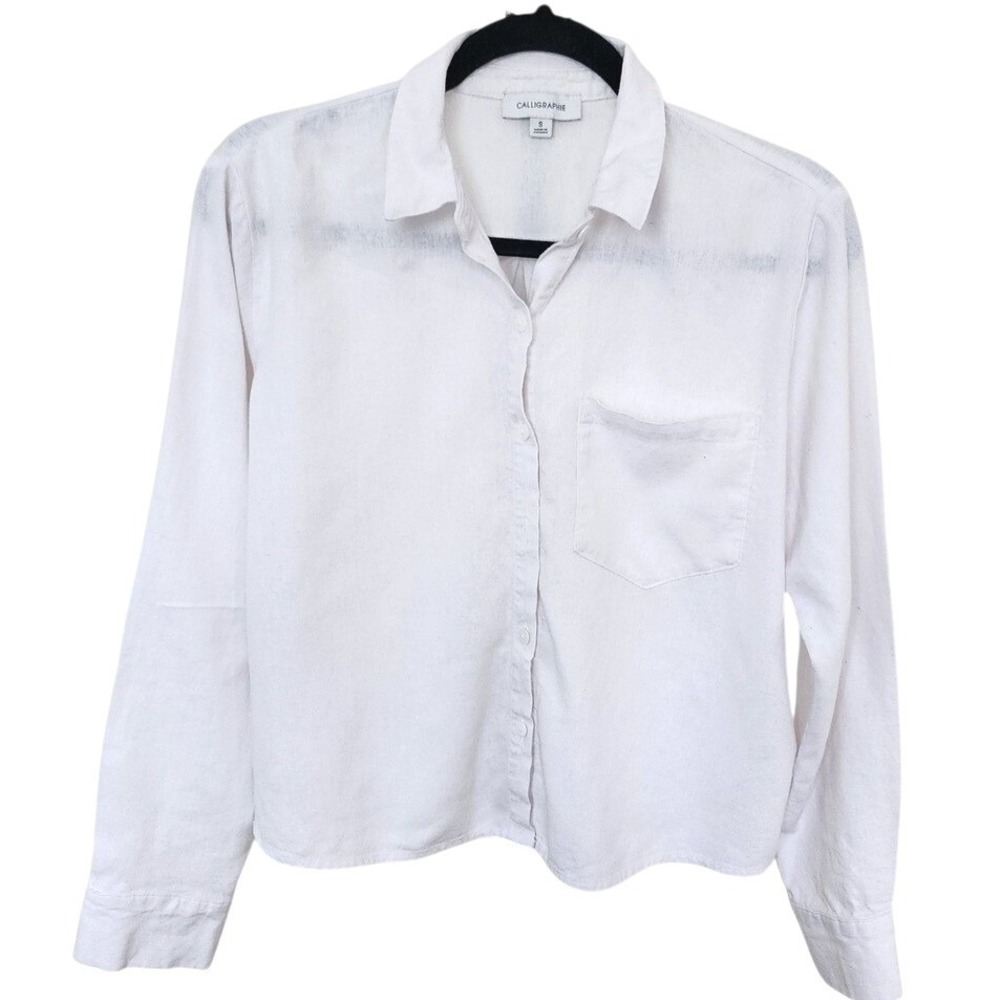 Calligraphie Womens White Linen Blend Button Down Pocket Old MoneyShirt‎ Size S